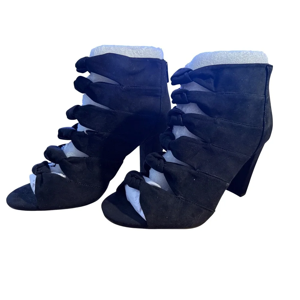 Black‎ Suede Bow Gladiator Heels Open Toe Zipper Ankle Boots Women's Size 8.5